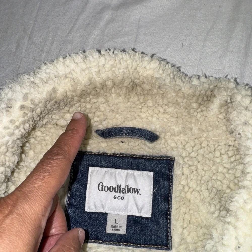Goodfellow Men's Large Sherpa Denim Trucker Jacket Heavy Warm Casual Winter Blue